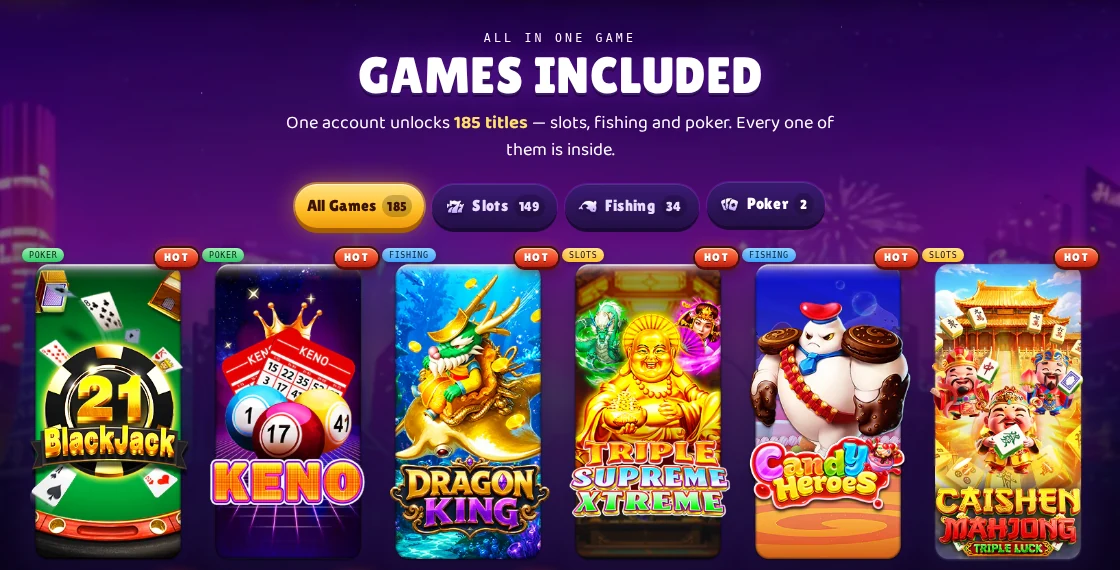 DragonFury.online public Games Included catalog with All Games, Slots, Fishing and Poker filters